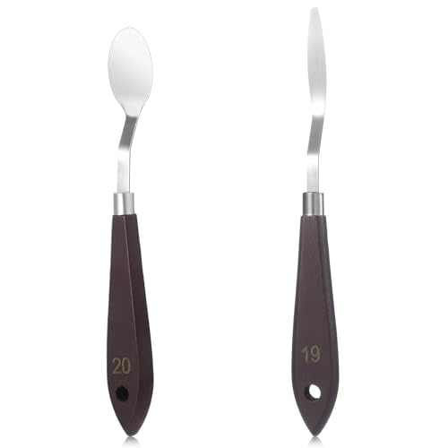 2Pcs Oval Palette Knife Pallet Knife Width Palette Knives Stainless Steel No.20 No.19 Art Paint Spatula with Wood Handle Metal Palette Knife for Oil Acrylic Canvas Mixing Spreading Pastry Decorating