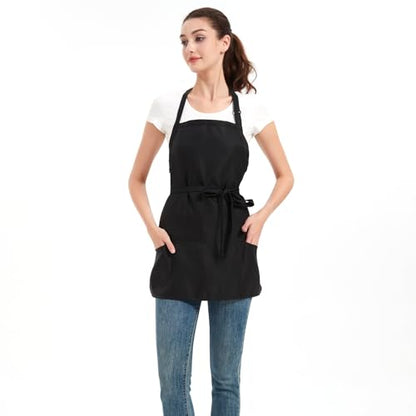 Aprons for Women with 3 Pockets, Cooking Apron with Waterproof Coating, Chef Apron Adjustable Neck Strap - color: Black