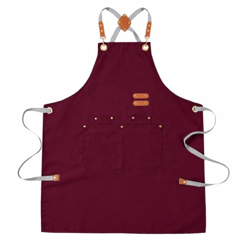 Aoomzoon Durable Kitchen Apron,Multifunctional Chef Aprons for Women & Men with Pockets for Cooking Baking & Daily Use - color: Red