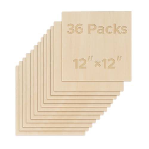 OMTech 36 Pack Basswood Sheets, 12x12 Inch Plywood Sheets for Crafts, 1/8" Thick Wood for Laser Cutting Engraving, Unfinished Wood Boards for DIY Projects Drawing Painting Architectural Models - color: 36 Pcs, size: 1/8''x12''x12''