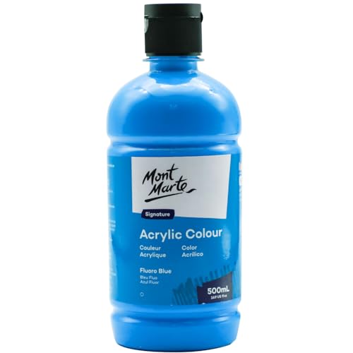 Mont Marte Signature Fluoro Blue Acrylic Paint, 16.9oz (500ml), Semi-Matte Finish, 12 Colors, Suitable for Canvas, Wood, Fabric, Leather, Cardboard, Paper, MDF and Crafts - color: Fluoro Blue, size: 16.9 Fl Oz (Pack of 1)