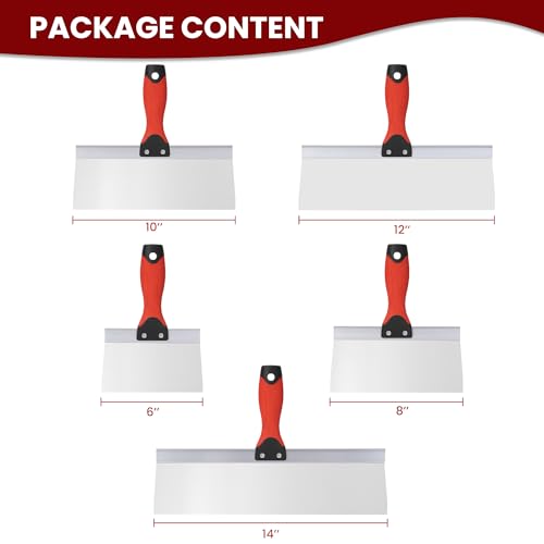 Drywall Taping Knife 5 PCS Stainless Steel Taping Knives, 6"/8"/10"/12"/14" Premium Drywall Skimming Blades with Nonslip Rubberized Grip Handle,Perfect Drywall Tool,Finishing and Patching