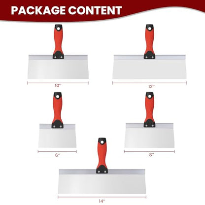 Drywall Taping Knife 5 PCS Stainless Steel Taping Knives, 6"/8"/10"/12"/14" Premium Drywall Skimming Blades with Nonslip Rubberized Grip Handle,Perfect Drywall Tool,Finishing and Patching