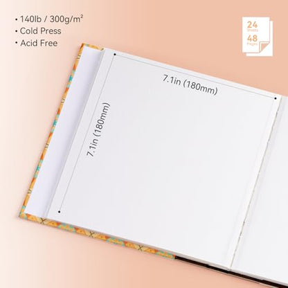 Arrtx Watercolor Sketchbook, Square 7.1 x 7.1 Inch 100% Cotton Cold Press, 300gsm/140lb, Acid-Free, Double-Sided Textured Surface, 24 Sheets for Painting, Sketching & Mixed Media - size: 7.1 x 7.1 inch