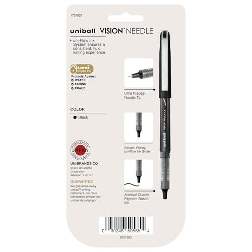 uniball Vision Needle Rollerball Pens, Micro Point (0.5mm), Black, 5 Pack - color: Black, size: 1 Count (Pack of 5), style: Needle Micro