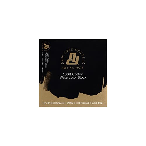New York Central Watercolor Paper Block - 8x8" - 20 Sheets, 140 lb. Hot Press - 100% Cotton, Acid-Free, Archival Quality, Bright White Watercolor Paper Pad for Wet & Dry Media - size: 8x8"