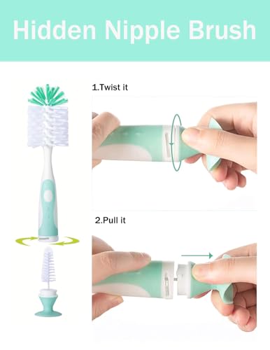 Baby Bottle Brush Set, 2Pcs Nylon Bottle Brush with Stand, 2 Hidden Nipple Brush, 2 Straw Brush, 1 Lid Brush, Bottles Brush Cleaner for Baby Bottle, BPA-Free(Green) - color: Green-nylon & Nylon Brush