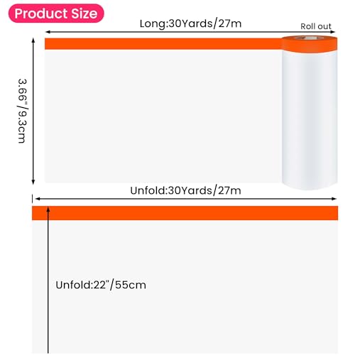 TAPEBEAR Pre-Taped Masking Film, 22" x 30Yards x 3Roll Plastic Sheeting Cover for Painting, Tape and Drape, Painters Masking Tape Film Plastic Drop Cloths for Auto, Appliance and Furniture - size: 3Refills/550mm x 27m