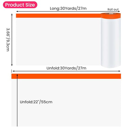 TAPEBEAR Pre-Taped Masking Film, 22" x 30Yards x 3Roll Plastic Sheeting Cover for Painting, Tape and Drape, Painters Masking Tape Film Plastic Drop Cloths for Auto, Appliance and Furniture - size: 3Refills/550mm x 27m