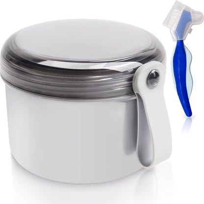Denture Case with Denture Brush, No Leak Denture Bath Box, Denture Travel Case, Denture Cup with Basket for Soaking Dentures (grey) - color: grey