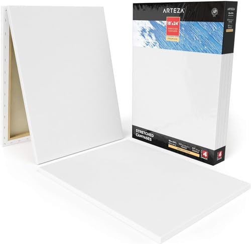 ARTEZA Premium Stretched Canvas, 18 x 24 Inches, Pack of 4, Blank White Canvas Boards for Acrylic, Oil and Gouache Painting - color: White - Premium, size: 18 x 24 (Pack of 4)