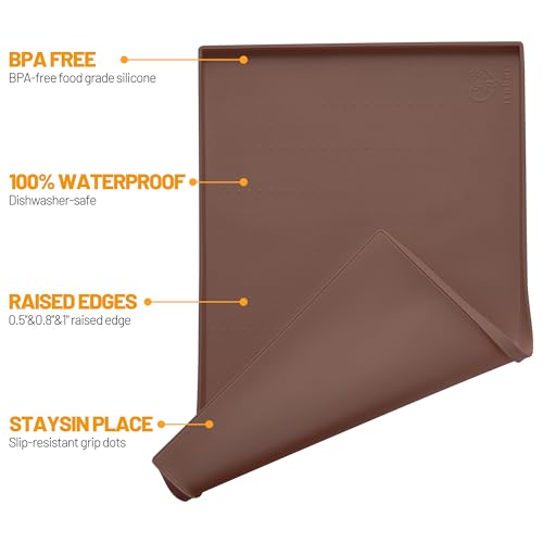 Hubulk Dog Feeding Mat,100% Waterproof Food Grade Silicone Pet Food and Water Bowl Placemat,Dishwasher, High Raised Edge to Prevent Spills,Nonslip Tray to Stop Messes on Floor（28"x18"x0.8", Brown） - color: Brown, size: 28"l X 18"w