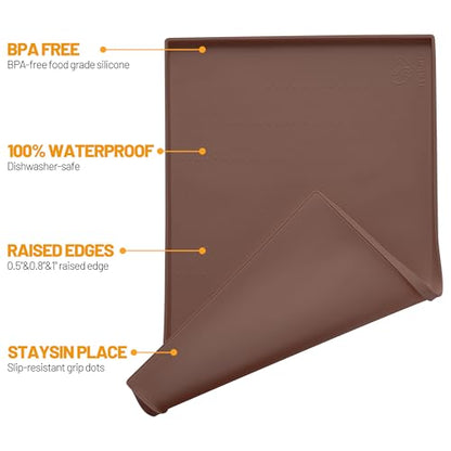 Hubulk Dog Feeding Mat,100% Waterproof Food Grade Silicone Pet Food and Water Bowl Placemat,Dishwasher, High Raised Edge to Prevent Spills,Nonslip Tray to Stop Messes on Floor（28"x18"x0.8", Brown） - color: Brown, size: 28"l X 18"w