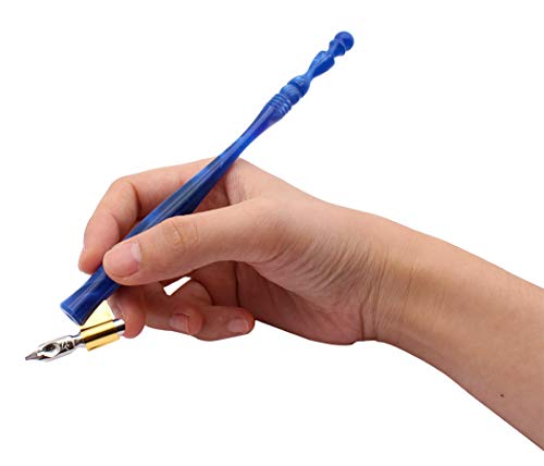 XIAOYU Calligraphy Oblique Nib Pen Holder, English Calligraphy Pen Nib Holder, Resin Dip Pen Handle Nib Holder with 5 Flat Nibs, Blue - color: Blue