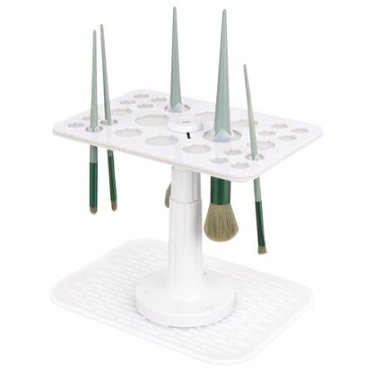 Makeup Brushes Drying Rack with Silicone Mat, Adjustable Makeup Brush Holder, Makeup Brush Display Dryer Stand, 26 Holes Acrylic Brush Organizer Stand (White) - color: White