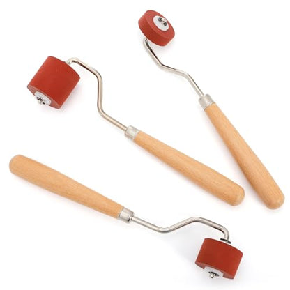 Pumtus 3 Sizes Rubber Brayer Roller, Small Printmaking Stamping Brayer, Vinyl Painting Roller with Wooden Handle, Tape Ink Roller Tool, Art Craft Brush for Gluing Wallpaper Scrapbook(0.4"+0.8"+1.18")