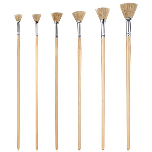 6 Pcs Fan Brush for Painting Artist Fan Paint Brush Set with Hogs Bristle Long Wood Handle Acrylic Paint Brushes Natural Hair Anti-Shedding Brushes Tips for Oil Watercolor Painting