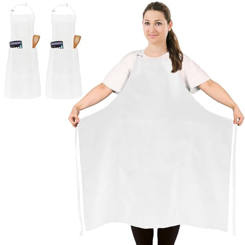 2 Pack Plus Size Waterproof Cooking Chef Apron with 2 Pockets for Men Women - color: White
