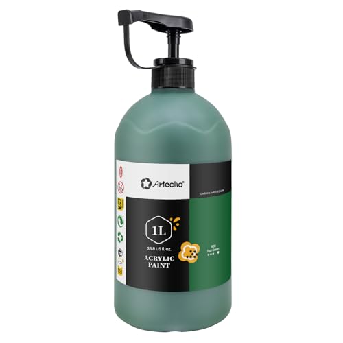 Artecho Sap Green Acrylic Paint 1000ml / 33.8 fl oz Pump Dispenser | Large Bottle, Semi Glossy Finish, High Pigment Rich Color Craft Paint for Canvas, Rocks, Wood, Ceramic, Easy dispensing - color: Sap Green, size: 33.8 Fl Oz (Pack of 1)