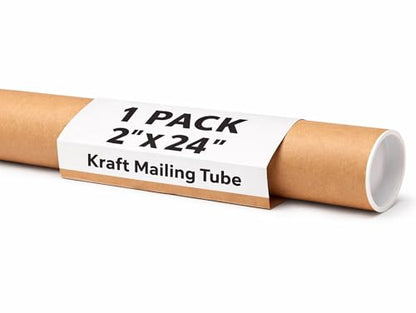 Mailing Tubes with Caps, 2 in x 24 in - 1 Pack - Kraft - for Shipping, Packing, Bulk Round Packaging, Cardboard Mailers, Poster, Art Prints, Maps, Blueprint