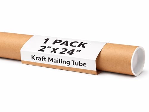 Mailing Tubes with Caps, 2 in x 24 in - 1 Pack - Kraft - for Shipping, Packing, Bulk Round Packaging, Cardboard Mailers, Poster, Art Prints, Maps, Blueprint