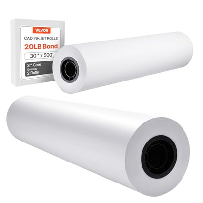 VEVOR Wide Format Paper, 30 in x 500 ft Plotter Roll, 2 Rolls CAD Bond Rolls with 3 in Core, 20 LB Bond Paper Rolls, Ideal for CAD Drawings, Engineering Plans, GIS Maps, and Architectural Designs - size: 30 in x 500 ft, style: 2 Rolls