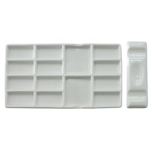 14-Well Ceramic Paint Palette, Porcelain Watercolor Painting Palette, Porcelain Paint Tray，Ideal for Watercolor Tin and Painting Supplies。（2ps） - color: White