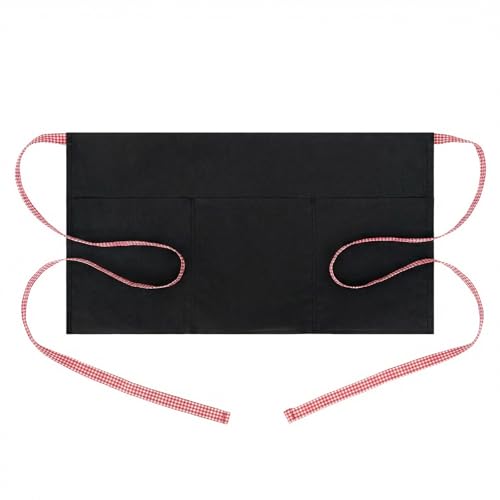 BOHARERS 3-Pocket Waist Apron With Red And White Plaid Shoulder Straps - Black Waitress Waiter Server Short Aprons - color: A2-1 Pack Red and White Plaid Straps