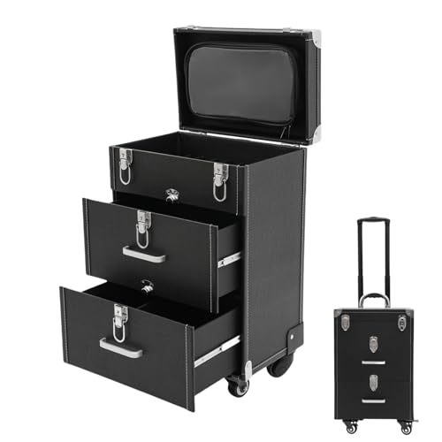 Rolling Makeup Case with Drawer Cosmetic Trolley 3 Tier Travel Cosmetic Organizer on Wheels Salon Barber Case for Makeup Artist Tattooist Nail Tech Hairstylists (Type F, Black) - color: Black, style: Type F