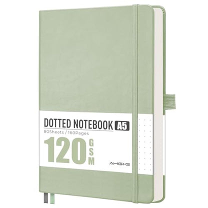AHGXG Dotted Journal Notebook, 160 Numbered Pages, A5 Medium Size (5.7'' x 8.3''), 120 GSM Thick Paper, Leather Hardcover, for Journaling, Planning, Tracking (Light Green) - color: Light Green, style: Dotted