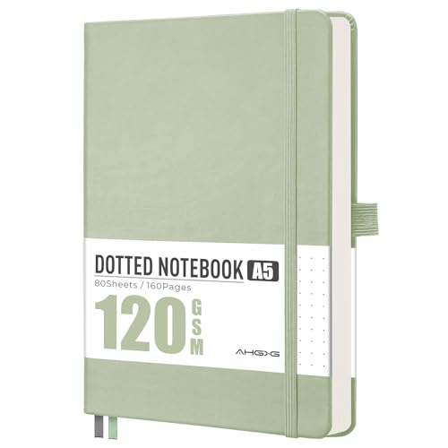AHGXG Dotted Journal Notebook, 160 Numbered Pages, A5 Medium Size (5.7'' x 8.3''), 120 GSM Thick Paper, Leather Hardcover, for Journaling, Planning, Tracking (Light Green) - color: Light Green, style: Dotted