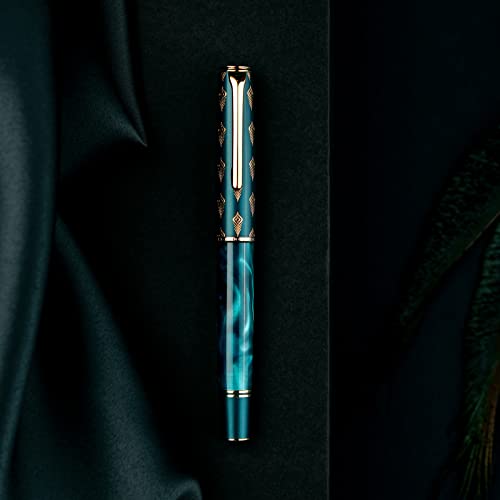 Hongdian N7 Blue Peacock Fountain Pen Resin Piston, Iridium Medium Nib Classic Pen, Smooth Writing Pen with Metal Box - color: Blue-N7, style: Medium Point