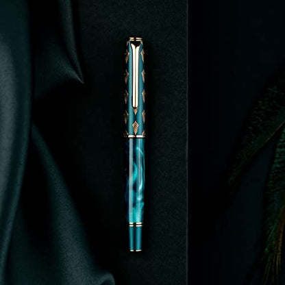 Hongdian N7 Blue Peacock Fountain Pen Resin Piston, Iridium Medium Nib Classic Pen, Smooth Writing Pen with Metal Box - color: Blue-N7, style: Medium Point