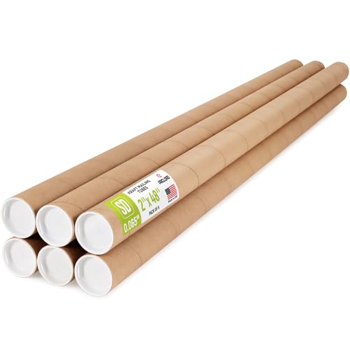 2" x 48" Reinforced Kraft Paper Mailing Tube, Pack of 6 Tubes with 12 Caps – Secure USPS Approved Poster Tube – Made in USA Cardboard Tube for Shipping and Storing Posters, Prints, Artwork - color: Standard-Duty, size: 2" x 48"