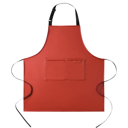 eywlwaar PU Waterproof Apron with 2 Big Pockets Adjustable Oil Proof Apron for Kitchen Dishwashing Cooking 29.92"x 26.77" - color: Orange