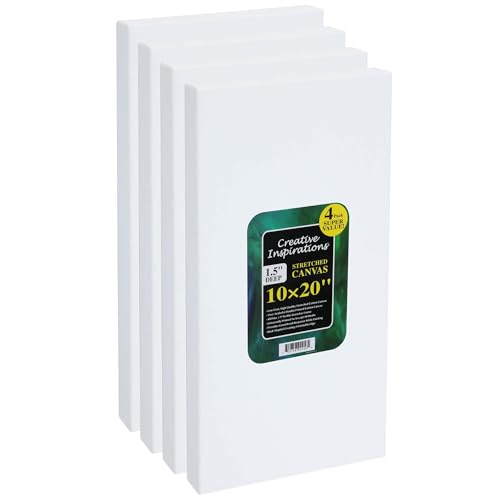 Creative Inspirations Stretched Canvas 4 Pack - 1-1/2" Deep, 10x20, 11oz Sealed & Double-Primed Cotton Canvases, Pine Stretcher Frame, Archival All-Media Primer - Alkyd, Acrylic & Oil Painting - size: 10x20"