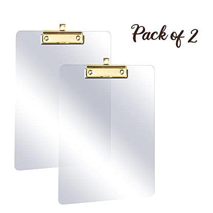 Performore Clear Acrylic Clipboard Set 2-Pack Thick Plastic Writing Boards with Gold Metal Clip 12x9 Heavy-Duty Transparent Clipboards for Office, School, Events & Presentations - style: 2 Pack GOLD