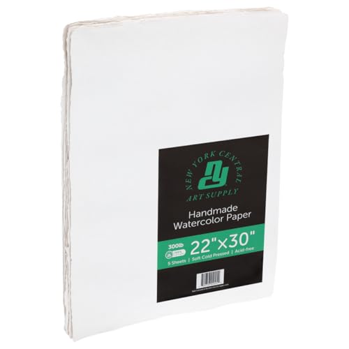 New York Central Handmade Watercolor Paper - 300lb, 22"X30" - 5 Packs of 5, 25 Total Sheets, Acid-Free 100% Cotton Rag, Cold Press, 4 Deckled Edges, Minimally Sized, Mixed Media Paper - size: 22X30"