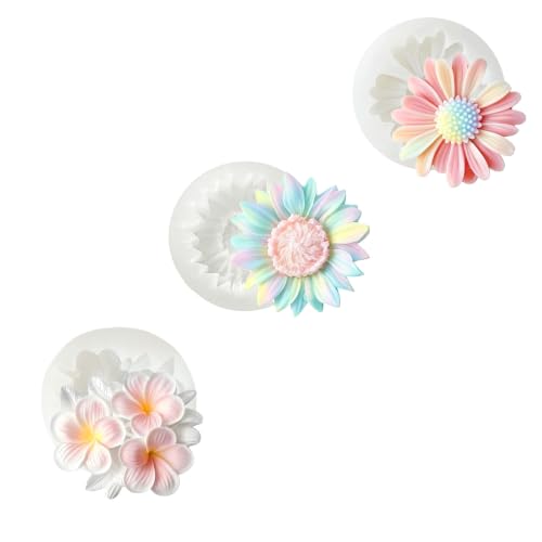 3 Pcs Flower Candle Mold, Plumeria, Daisy and Sunflower Silicone Molds Set, 3D Flower Fondant Molds for Chocolate, Cake Decorating, Aromatherapy, Epoxy Resin, Concrete, Gypsum, Polymer Clay Crafts - color: 3 Pcs (Plumeria + Daisy + Sunflower)