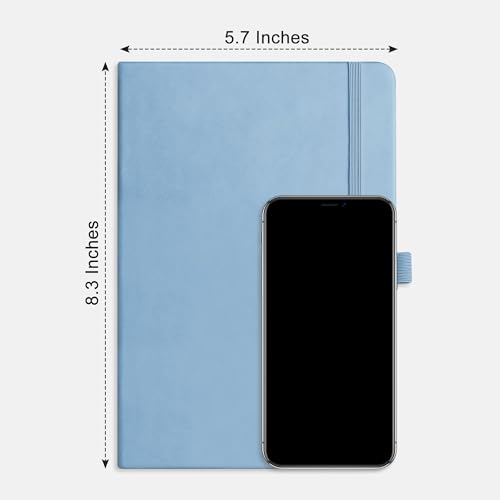 AHGXG Dotted Journal Notebook, 160 Numbered Pages, A5 Medium Size (5.7'' x 8.3''), 120 GSM Thick Paper, Leather Hardcover, for Journaling, Planning, Tracking (Light Blue) - color: Light Blue, style: Dotted