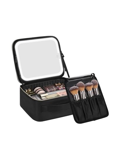 Chomeiu Makeup Bag with LED Mirror, Travel Makeup Case for Women and Makeup Artists Cosmetic Organizer Large Make Up Bags with Light Up Mirror, 3 Color Lights with Separate Brush Holder - color: 01-Black 2, size: A-Small
