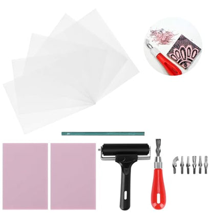 Rubber Carving Kit for Stamp Making, Wireless Printmaking Art Craft Set with 6 Cutter Tools and Engraving Block Set for DIY Rubber Stamps and Soft Media