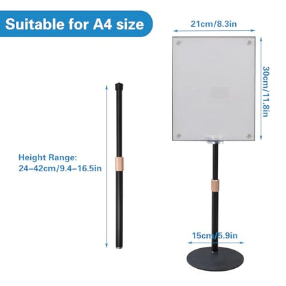 Adjustable Tabletop Easel Stand with A4 (8.26 x 11.7 Inch) Acrylic Magnetic Picture Frame, Black Aluminum Alloy Sign Stand, Art Poster Easel for Photo, Painting, Advertisement