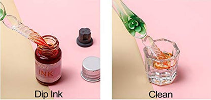 XIAOYU Glass Dip Pen Ink Set, 16 Pieces Calligraphy Pens Set - 12 Colorful Inks, Pen Holder, Cleaning Cup, 2 Crystal Glass Pens for Writing, Signature - Yellow - color: Yellow