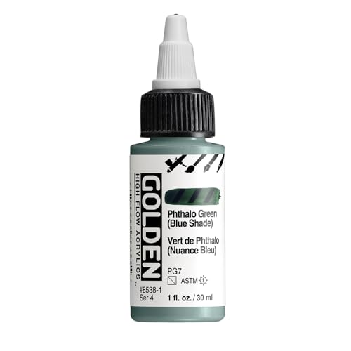 GOLDEN High Flow Acrylics, Phthalo Green (Blue Shade), 1 fl. oz. Bottle, Professional Acrylic Paint, Semi-Transparent