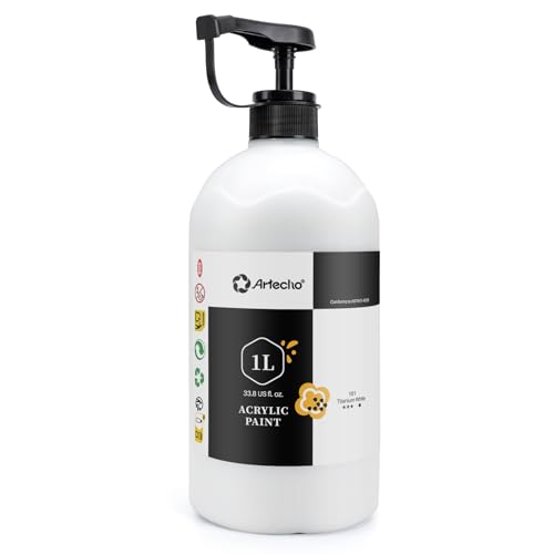 Artecho Titanium White Acrylic Paint 1000ml / 33.8 fl oz Pump Dispenser | Large Bottle, Semi Glossy Finish, High Pigment Rich Color Craft Paint for Canvas, Rocks, Wood, Ceramic, Easy dispensing - color: Titanium White, size: 33.8 Fl Oz (Pack of 1)