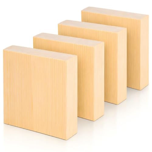 4 Pcs Solid Wood Blocks 4x4x1 Inch Unfinished Whittling Blocks for Crafts, Wooden Art Block for Crafts DIY Projects Classes Photo Blocks Painting Wall Decorations - size: 4x4x1 Inch