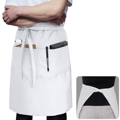 ROTANET Long Server Apron Black with 3 Pockets Bistro Half Aprons for Men Women Waiter Waitress Chef 28 Inch Waterproof - color: White