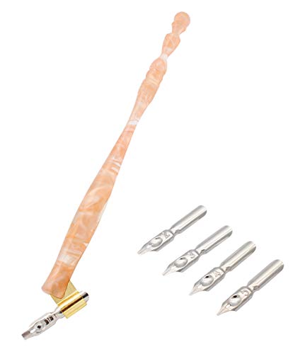 Xiaoyu Calligraphy Oblique Nib Pen Holder, English Calligraphy Pen Nib Holder, Resin Dip Pen Handle Nib Holder with 5 Flat Nibs, Pink - color: Pink