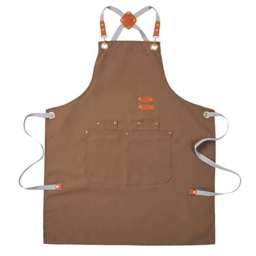 Aoomzoon Durable Kitchen Apron,Multifunctional Chef Aprons for Women & Men with Pockets for Cooking Baking & Daily Use - color: Brown